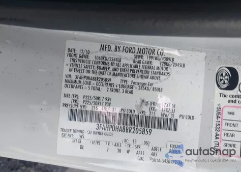 2011 Ford Fusion Se из США, поврежденный, VIN 3FAHP0HA8BR205859